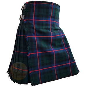 May include: A traditional kilt in a tartan pattern of dark green, blue, and red. The kilt features pleats, leather straps with buckles, and fringed edges. The kilt is a classic garment, often associated with Scottish heritage.