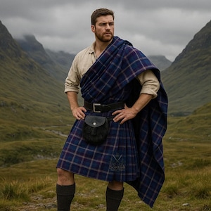 May include: A man in traditional Scottish attire, including a navy blue and purple plaid kilt, matching shawl, and sporran. The kilt is secured with a black belt. The background features a mountainous landscape under an overcast sky.