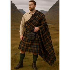May include: A man wearing a traditional Scottish kilt outfit. The kilt features a brown, green, and orange plaid pattern. The outfit includes a matching plaid shawl, a leather belt with a pouch, a beige shirt, green socks, and brown boots.