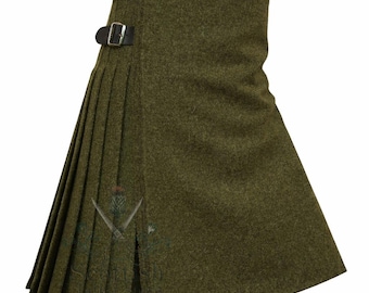 Handmade Olive Green Wool Blend Kilt For Men: Traditional 8 Yard Scottish Highland Wear