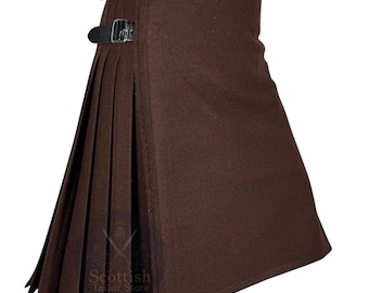 Handmade Solid Brown Wool Kilt For Men - Scottish Highlander Style Custom Size