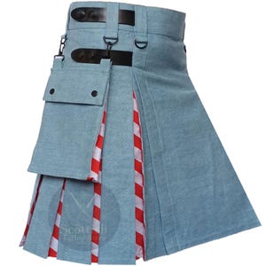 American Flag Denim Utility Kilt For Men: Sky Blue Cotton Drill, USA Pleats Scottish