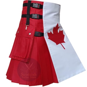 Auténtica falda escocesa utilitaria con la hoja de arce para hombre: estilo patriótico de algodón con la bandera canadiense.