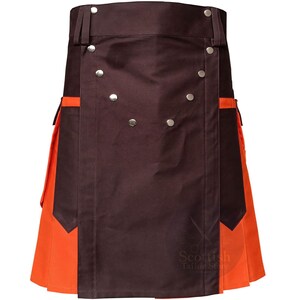 Falda escocesa utilitaria marrón y naranja para hombre: bolsillos cargo resistentes para trabajo, ropa de trabajo moderna.