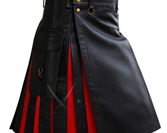 Hybride utility-kilt van zwart met rood rundleer - geplooide cargokilt voor heren