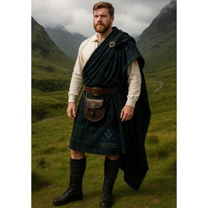 May include: A man wearing traditional Scottish attire, including a green and blue plaid kilt, a matching shawl, and a brown leather sporran. He is also wearing a cream-colored shirt, a brown belt, black boots, and a gold brooch. The background features a green landscape.