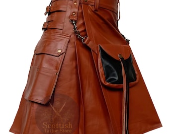 Brown Leather Utility Kilt with Black Sporran – Gothic Highland Scottish Wear For Men