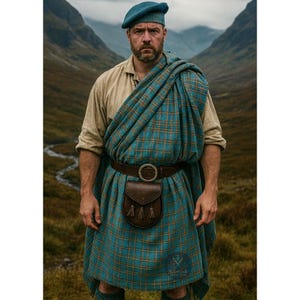 May include: A man in traditional Scottish attire, including a teal plaid kilt, matching beret, and a brown leather belt with a pouch. The kilt is draped over the shoulders. The background features a mountainous landscape.