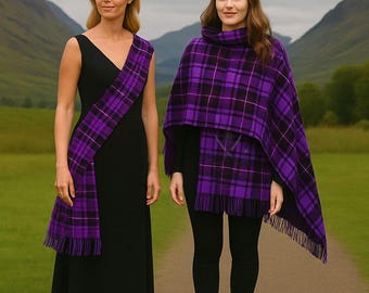 Conjunto de fajín y chal de tartán de las Tierras Altas para mujer - Vestido escocés, estola a cuadros de clan, más de 50 opciones de tartán.