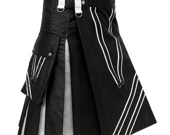 Schwarzer und Weißer Leder Kilt für Männer - Moderne Rindsleder Gothic Kilts