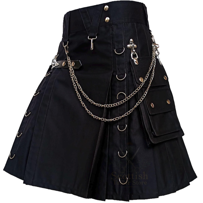Handmade Black Utility Kilt – Gothic Punk Men’s Kilt with Chains, Snap Buttons, Cargo Pockets & D-Rings for Festivals & Streetwear