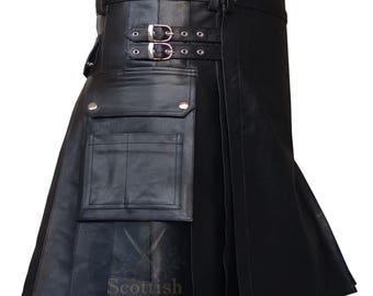 Handgefertigter schottischer Kilt aus schwarzem Leder: Highland Gothic Festival Wear für Herren