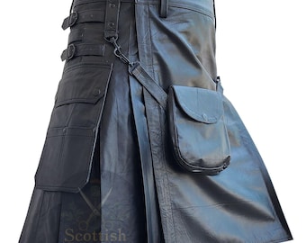 Black Cowhide Leather Utility Kilt For Men: Scottish Highland Wear with Cargo Pockets