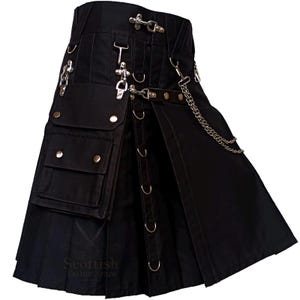 Kilt utilitaire gothique écossais noir : coton épais, chaînes, kilts avec poche cargo pour homme
