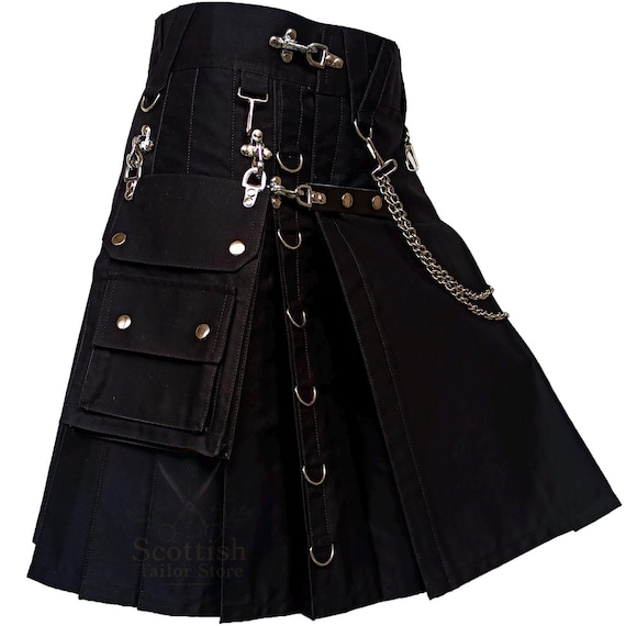 Scottish Black Gothic Utility Kilt: Heavy Cotton, Chains, Cargo Pocket Kilts For Men