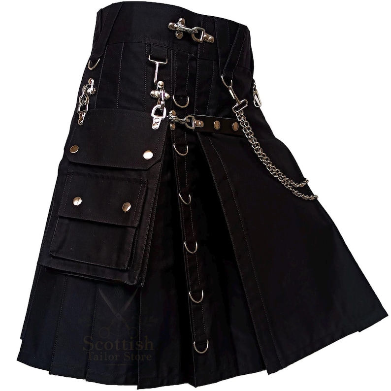 Handmade Black Utility Kilt – Gothic Punk Men’s Kilt with Chains, Snap Buttons, Cargo Pockets & D-Rings for Festivals & Streetwear