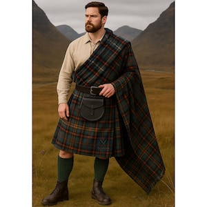 May include: A traditional Scottish kilt outfit featuring a green, blue, and orange plaid kilt and matching shawl. The outfit includes a tan shirt, black leather sporran, belt, green socks, and black boots. The background shows a mountainous landscape.