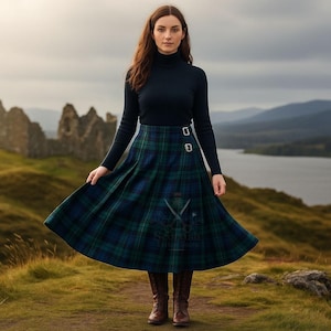 May include: A woman wearing a navy blue turtleneck sweater and a green and blue plaid skirt. The skirt has two silver buckles. The background features a scenic landscape with mountains and a body of water.