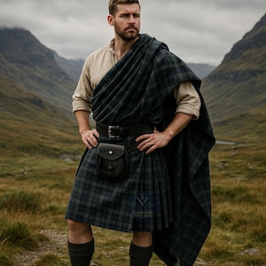 May include: A traditional Scottish kilt outfit. The ensemble includes a tartan kilt in shades of blue and green, a matching plaid shawl, a leather belt, and a sporran. The outfit is completed with a beige shirt and black socks.