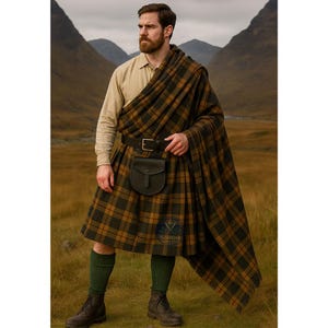 May include: A traditional Scottish kilt outfit featuring a brown and green plaid kilt, matching shawl, and a leather sporran. The outfit includes a tan shirt, black belt, green socks, and brown boots. The kilt is worn with a matching plaid shawl draped over the shoulder.