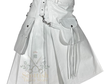 White Leather Utility Kilt with Sporran – Gothic Handmade Highland Wear for Men