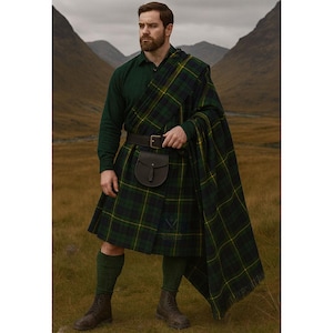 May include: A person wearing a traditional Scottish outfit, including a green long-sleeve shirt, a green, black, and yellow plaid kilt, and a matching shawl. The outfit also includes a black leather belt with a pouch, green socks, and brown boots.