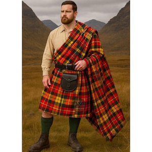 May include: A man wearing a traditional Scottish kilt outfit. The kilt is a vibrant plaid of red, yellow, and green. He wears a matching plaid shawl, a brown shirt, a black belt with a pouch, green socks, and brown boots. The background shows a grassy field and mountains.