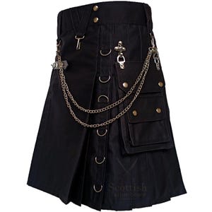Men’s Black Gothic Utility Work Kilt – Durable Cotton Cargo Kilt with Chains, Pockets & Rings for Steampunk & Alternative Outfits