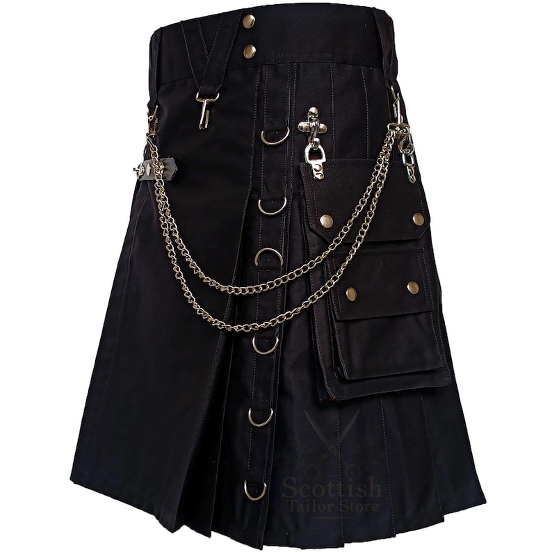 Men’s Black Gothic Utility Work Kilt – Durable Cotton Cargo Kilt with Chains, Pockets & Rings for Steampunk & Alternative Outfits