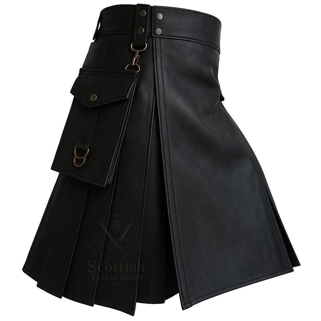 Black Leather Utility Kilt for Men With Detachable Pockets