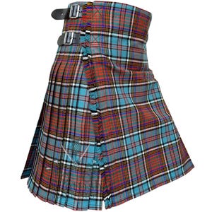 May include: A blue, red, and white plaid kilt with a black leather belt and buckles. The kilt has a fringed edge.