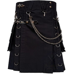 Men’s Black Gothic Utility Work Kilt – Durable Cotton Cargo Kilt with Chains, Pockets & Rings for Steampunk & Alternative Outfits