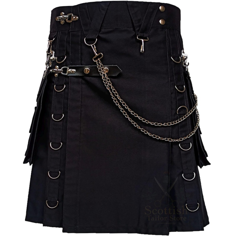 Men’s Black Gothic Utility Work Kilt – Durable Cotton Cargo Kilt with Chains, Pockets & Rings for Steampunk & Alternative Outfits