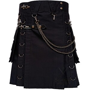 Handmade Black Utility Kilt – Gothic Punk Men’s Kilt with Chains, Snap Buttons, Cargo Pockets & D-Rings for Festivals & Streetwear