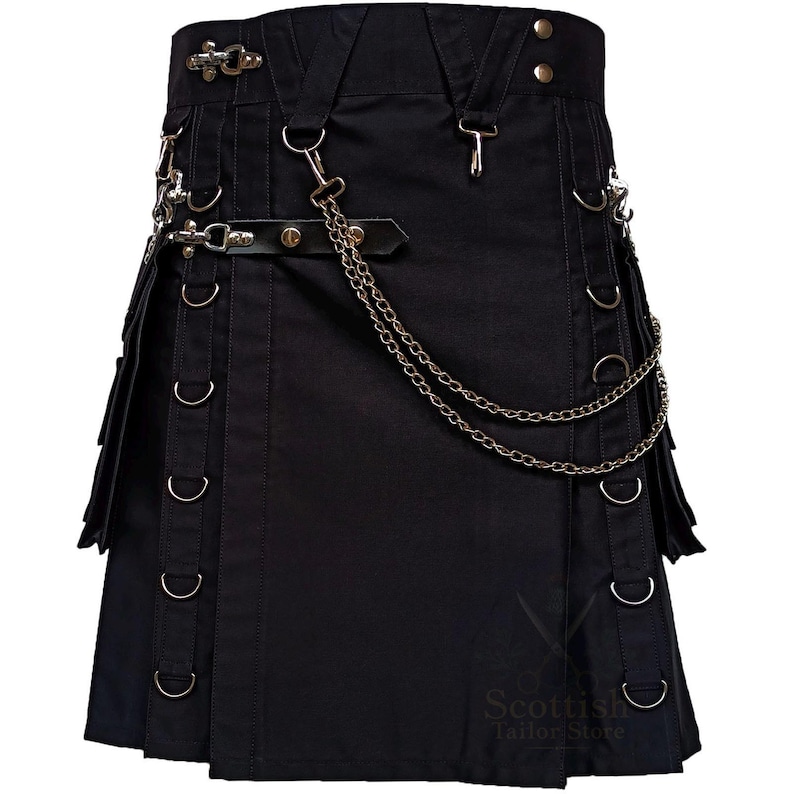 Handmade Black Utility Kilt – Gothic Punk Men’s Kilt with Chains, Snap Buttons, Cargo Pockets & D-Rings for Festivals & Streetwear