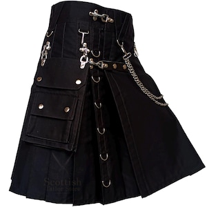 Men’s Black Gothic Utility Work Kilt – Durable Cotton Cargo Kilt with Chains, Pockets & Rings for Steampunk & Alternative Outfits