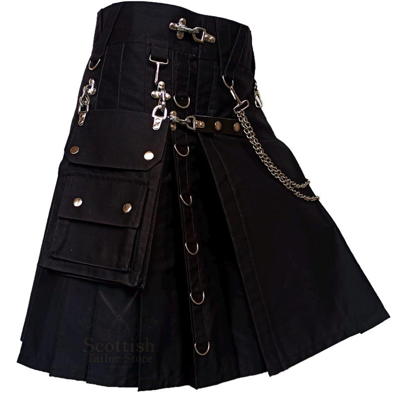 Men’s Black Gothic Utility Work Kilt – Durable Cotton Cargo Kilt with Chains, Pockets & Rings for Steampunk & Alternative Outfits