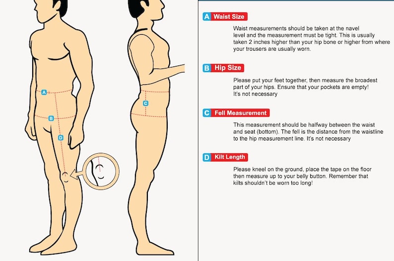 The image is a diagram that provides measurements for different parts of the human body, including waist, hip, fall, kilt length, and kite length.