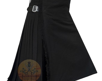May include: Black kilt with pleats and a fringe detail. The kilt has two buckles on the side.
