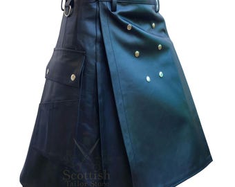 Nach Maß gefertigter Kilt aus schwarzem Leder mit Cargo-Taschen