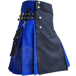 Black & Blue Hybrid Utility Kilt: Detachable Cargo Pockets, Custom Size
