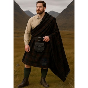 May include: A traditional Scottish kilt outfit. The ensemble includes a dark plaid kilt, a matching shawl, a leather belt with a sporran, and dark green socks. The outfit is completed with brown boots and a tan shirt.