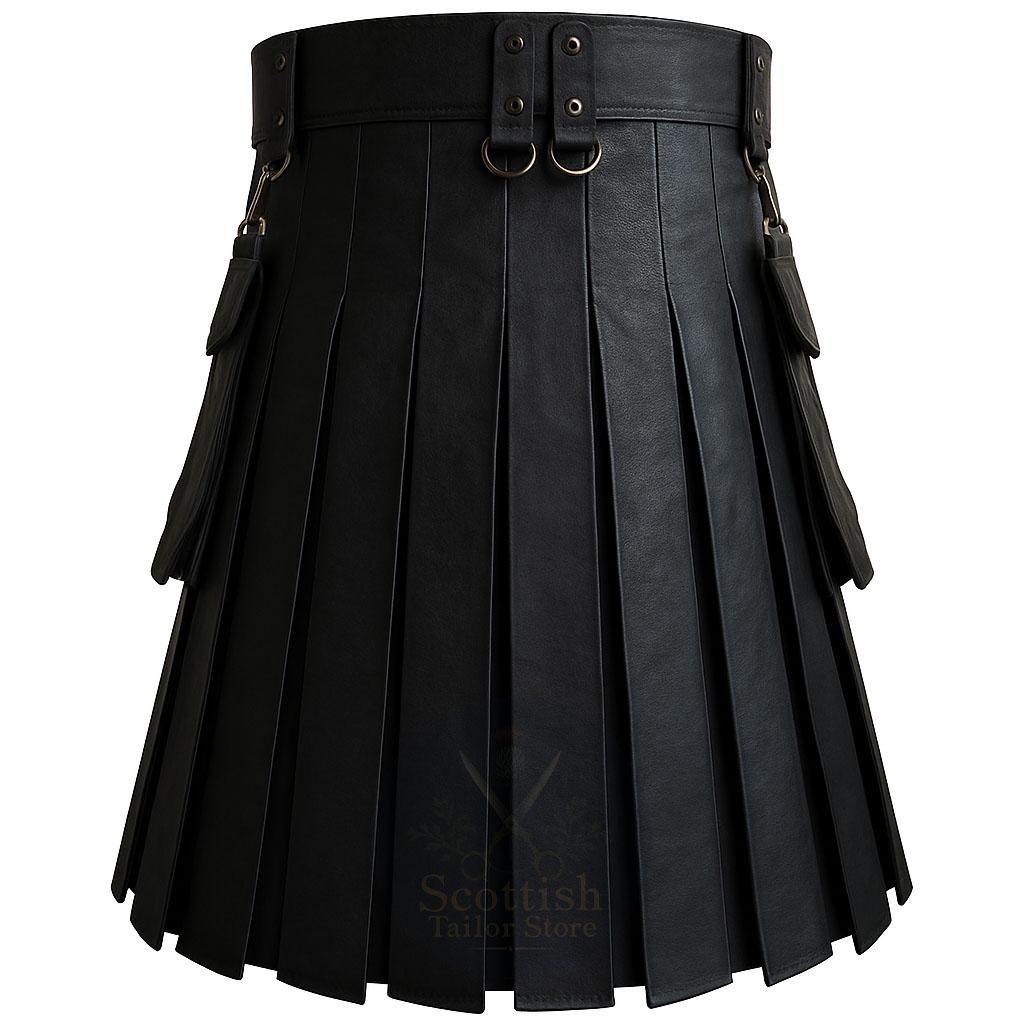 Black Leather Utility Kilt for Men With Detachable Pockets