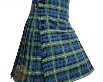 May include: A traditional kilt in a blue, green, black, and white plaid pattern. The kilt features pleats, fringed edges, and leather straps with silver buckles for closure. This garment is a classic example of Scottish attire.