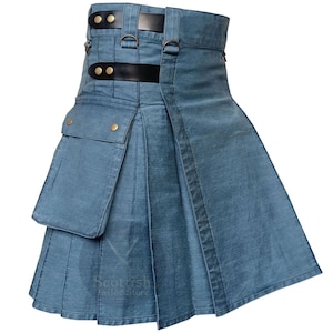 Highland Stylish Blue Denim Utility Kilt For Men – Black Leather Straps Cargo Pockets