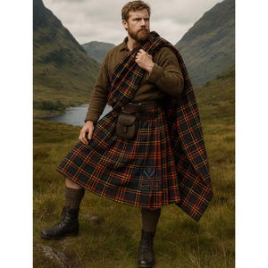 May include: A man wearing a traditional Scottish kilt and shawl. The kilt features a red, black, and yellow plaid pattern. He is also wearing a brown sweater, leather belt with a pouch, and black boots. The background shows a scenic landscape.