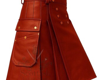 Handgemaakte rode leren utility-kilt - echte koeienhuidkilt met cargozakken