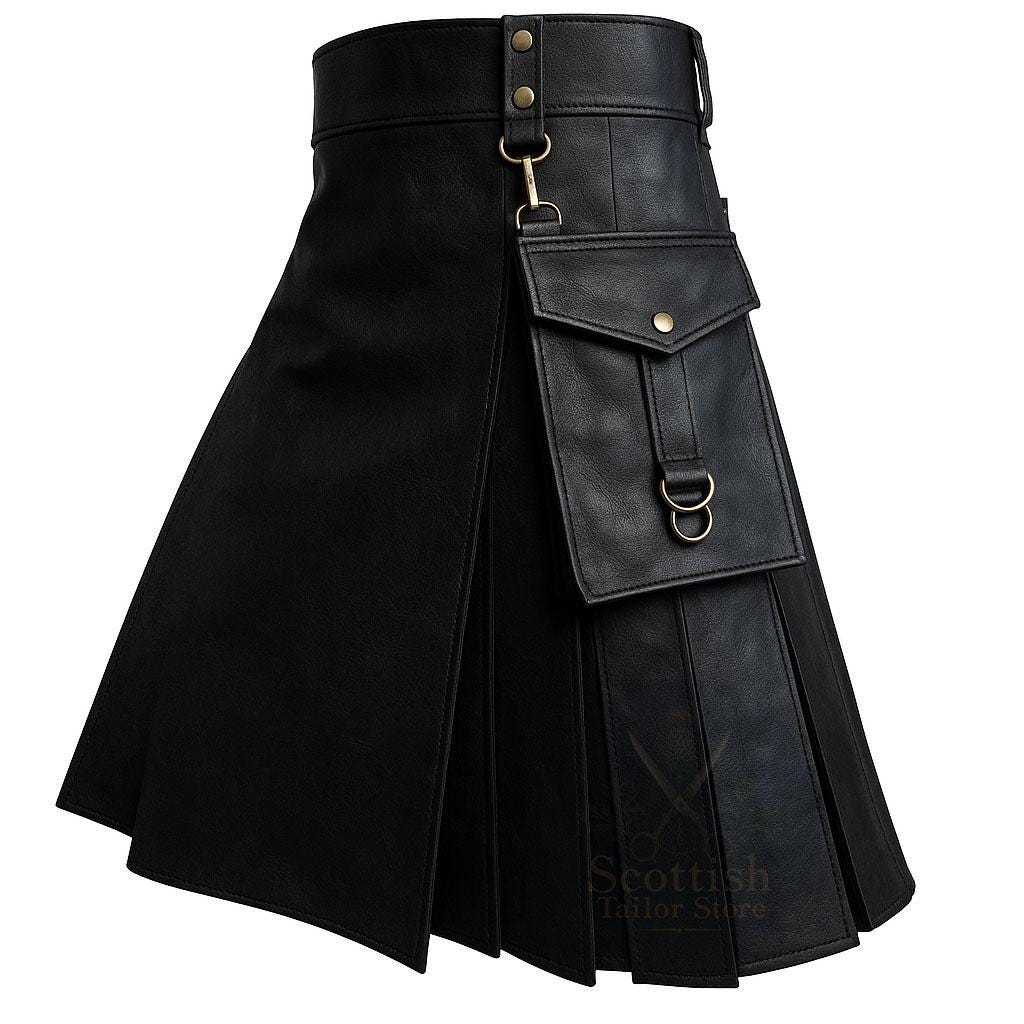 Black Leather Utility Kilt for Men With Detachable Pockets