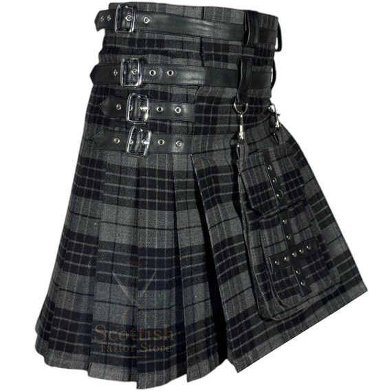 Grey Watch Tartan Utility Kilt for Men – Leather Strap Scottish Kilts Cargo Pockets