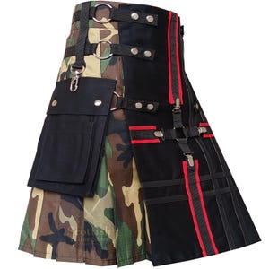 Falda escocesa híbrida táctica de camuflaje boscoso: estilo gótico steampunk con ribete rojo.